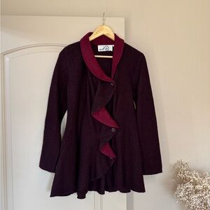 Anthropologie Rosie Neira Burgundy Wool Ruffle Coat Blazer | Size M